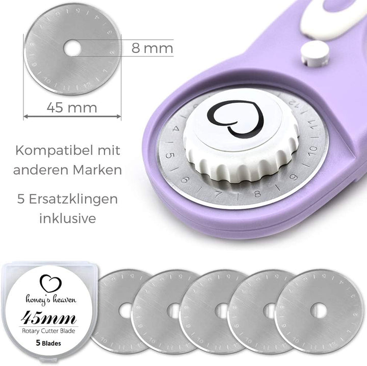 Honey's Heaven 45 mm Rollschneider Stoffschneider Set inkl. Schneideunterlage, Ersatzklingen, Stoffk