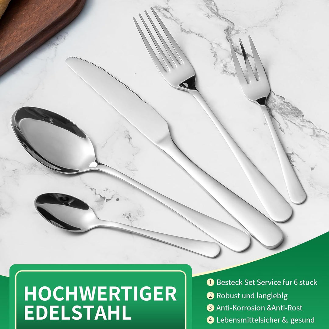 Besteck Set, Edelstahl Spiegelpoliert 30 teilig Besteckset für 6 Personen, Essbesteck Set mit Messer