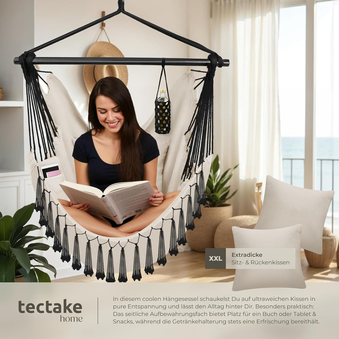 tectake® Hängesessel Outdoor wetterfest oder Indoor mit Tabletfach und Getränkehalterung, Makramee S