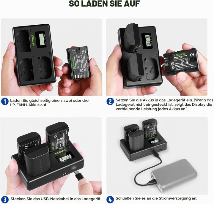 NEEWER LP-E6NH Ersatz Akku und USB Ladegerät Set, 3er Pack 2250mAh Ersatz für LP-E6NH Akku &amp; Triple