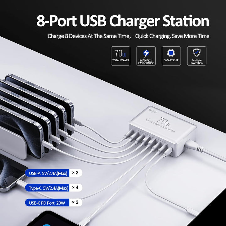 70W USB C Ladegerät Mehrfach Netzteile für Handys Multi USB-C Ladestation mit mehrere 20 W PD-Ports