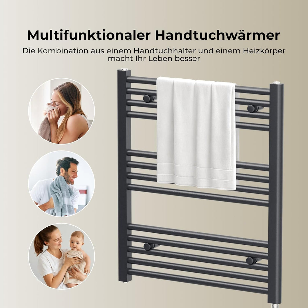 Heilmetz Badheizkörper Elektrisch mit Heizstab 300W Leistung 700 x 600 mm Anthrazit Gerade Bad Heizk