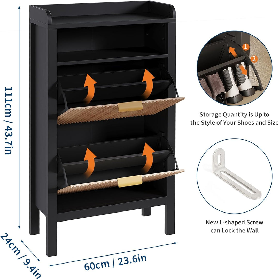 Garvee Schuhschrank mit 2 Klappschubladen, Schmaler, Geriffelter Schuhschrank mit Füssen, Freistehen