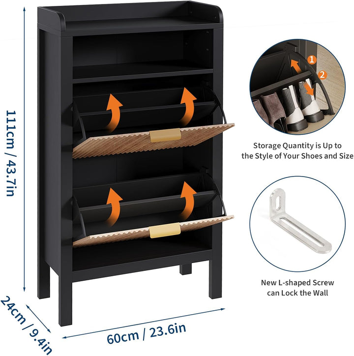 Garvee Schuhschrank mit 2 Klappschubladen, Schmaler, Geriffelter Schuhschrank mit Füssen, Freistehen