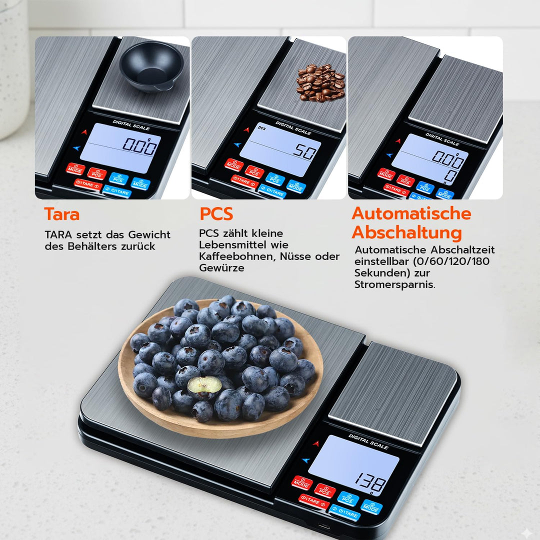 Wigearss Küchenwaage Digital mit Dual Plattform 10kg/1g und 500g/0.01g, Doppelfunktion Küchen Feinwa
