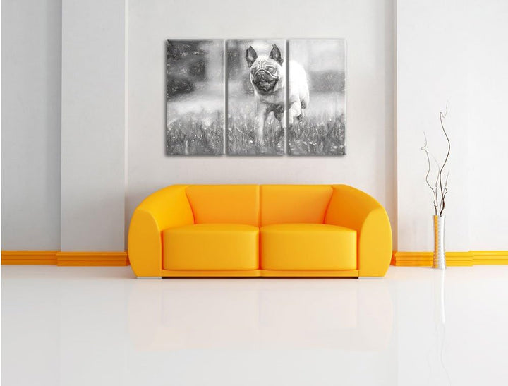 Pixxprint Rennender Mops Kunst als Leinwandbild/Grösse: 3 Teilig (120x80) / Wandbild/Kunstdruck/fert