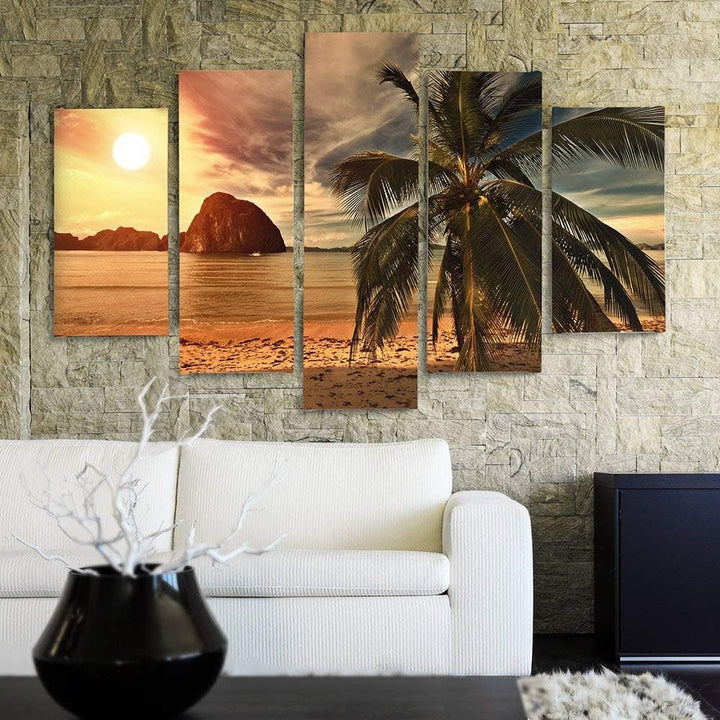 Feeby Frames, Leinwandbild Bilder Wand Bild - 5 Teile - Wandbilder Kunstdruck (PALME, SONNENUNTERGAN