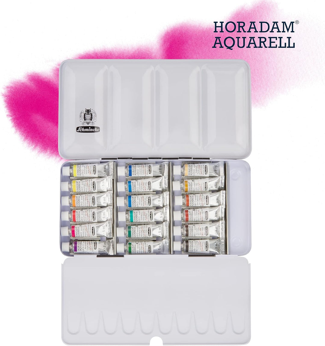 Schmincke – HORADAM AQUARELL Farbkasten, 18 x 5 ml Tuben, 74118097, Metallkasten, Malset, feinste Pr