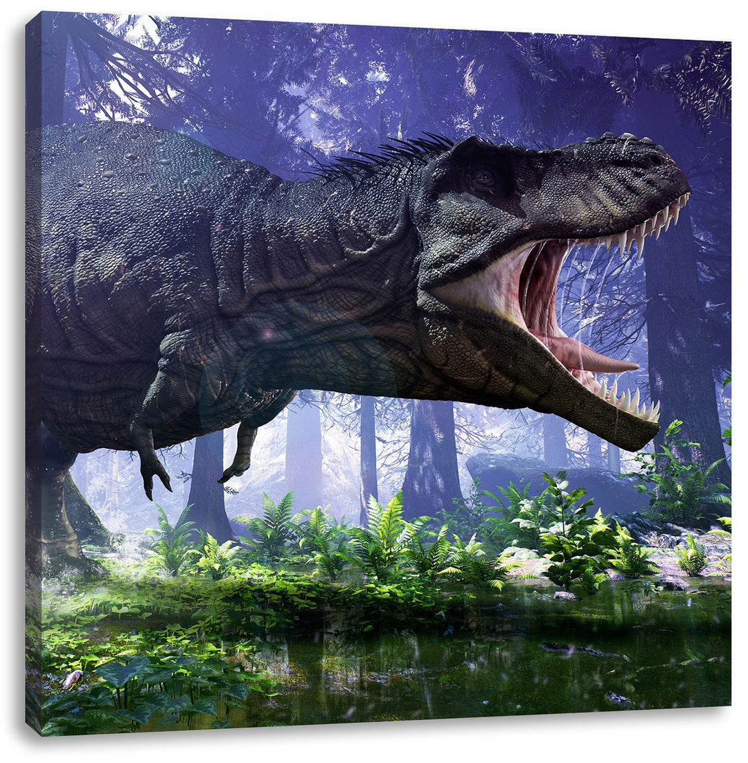 T-Rex Dinosaurier im Wald, Format: 70x70 auf Leinwand, XXL riesige Bilder fertig gerahmt mit Keilrah