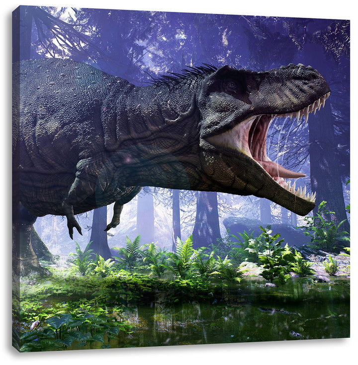 T-Rex Dinosaurier im Wald, Format: 70x70 auf Leinwand, XXL riesige Bilder fertig gerahmt mit Keilrah