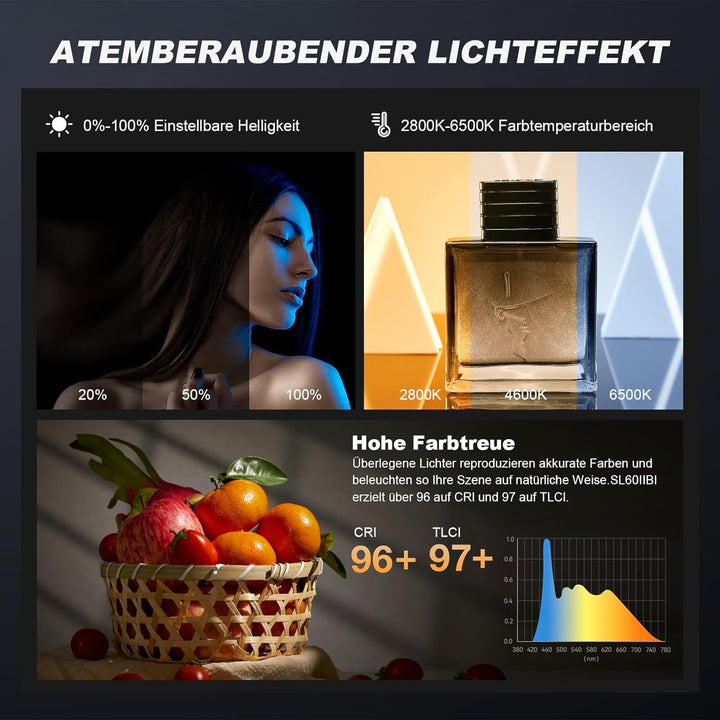 GODOX SL60IIBi Dauerlicht Kit LED Video Lichter,Videolicht 2800K-6500K,CRI>96,TLCI>97,25100Lux mit G