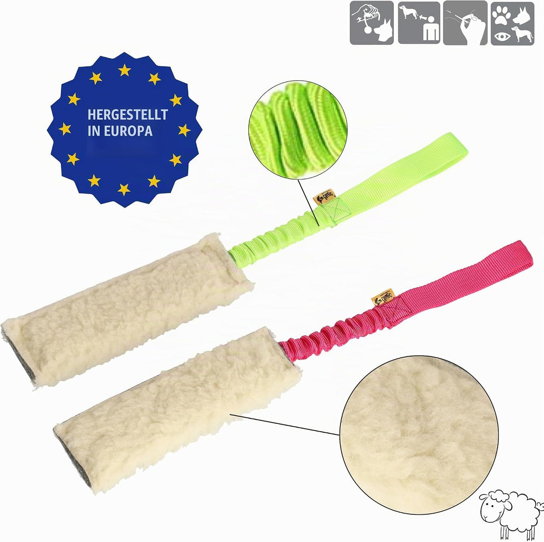 Dingo Set Hundespielzeug Schafwolle mit Griff Bungee 20 cm x 6 cm Grün Beisswürst Pink Beisswurst Ag