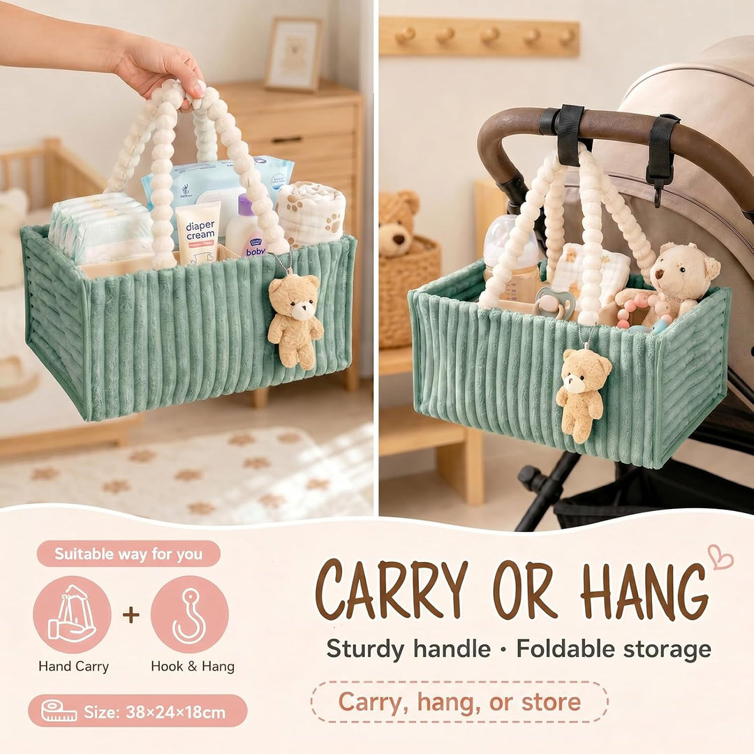 Windel Caddy Organizer aus Plüsch Baby Aufbewahrungsbox mit Bären Anhänger Grün, Grün