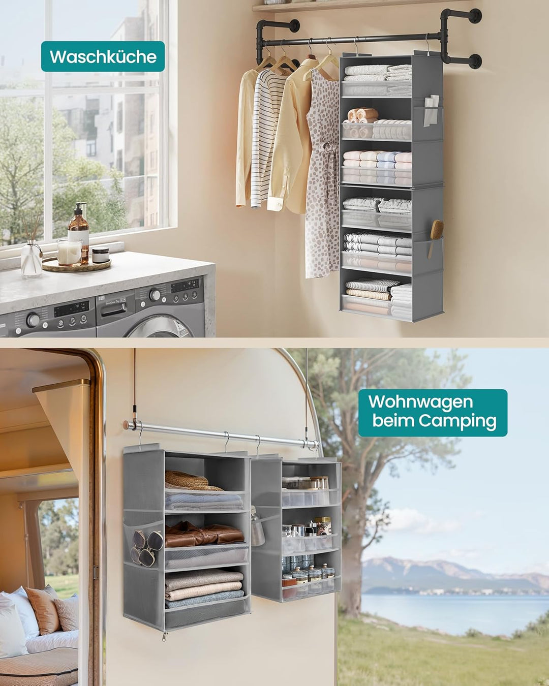 SONGMICS Hängeorganizer 2er Set, Schrank-Organizer, Hängeregal aufteilbar, Hängeaufbewahrung, faltba