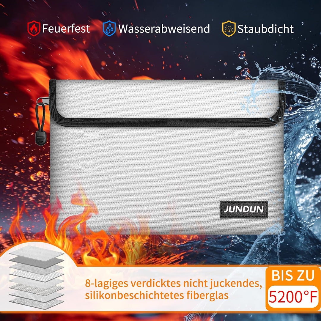 JUNDUN Feuerfeste Dokumententasche (27x17cm, 5200°F), Feuerfeste Geldtasche | 8-Lagig Verdickte Wass