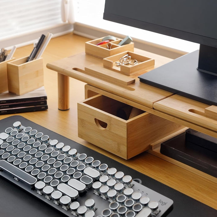 ROCDEER Bamboo Dual Monitor Regal für 2 Monitore, Monitor Stand Riser, darunter Lagerung für Schreib