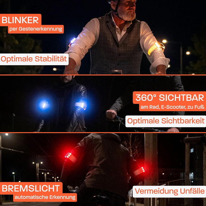 Flasher Patentierte Blinker LED Armbänder für Fahrrad, E-Scooter, Läufer | Smartes Bremslicht, Blink
