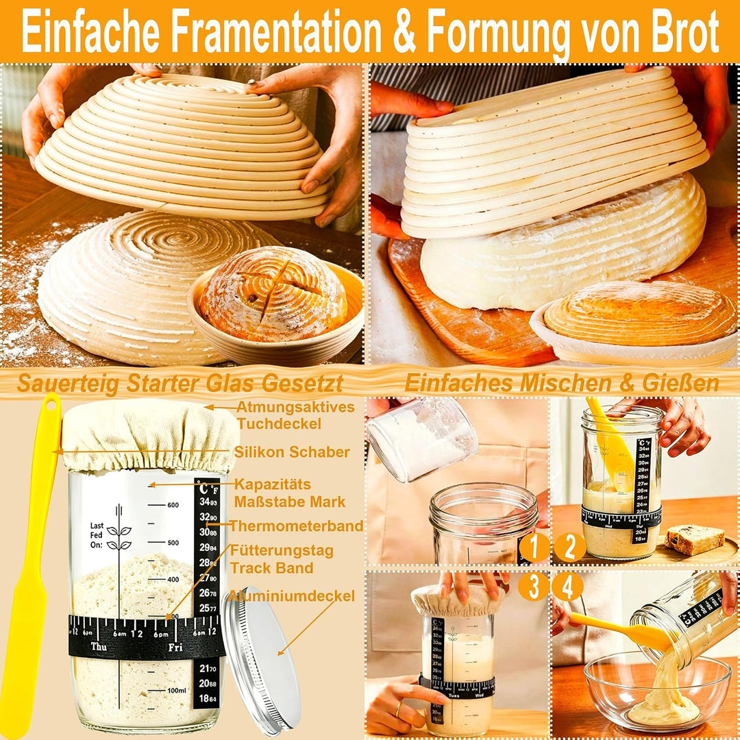 Gärkörbchen von Sauerteig Starter Set, 2 Gärkorb – Gärkörbchen Rund 23cm, Oval 25cm, Sauerteig Start