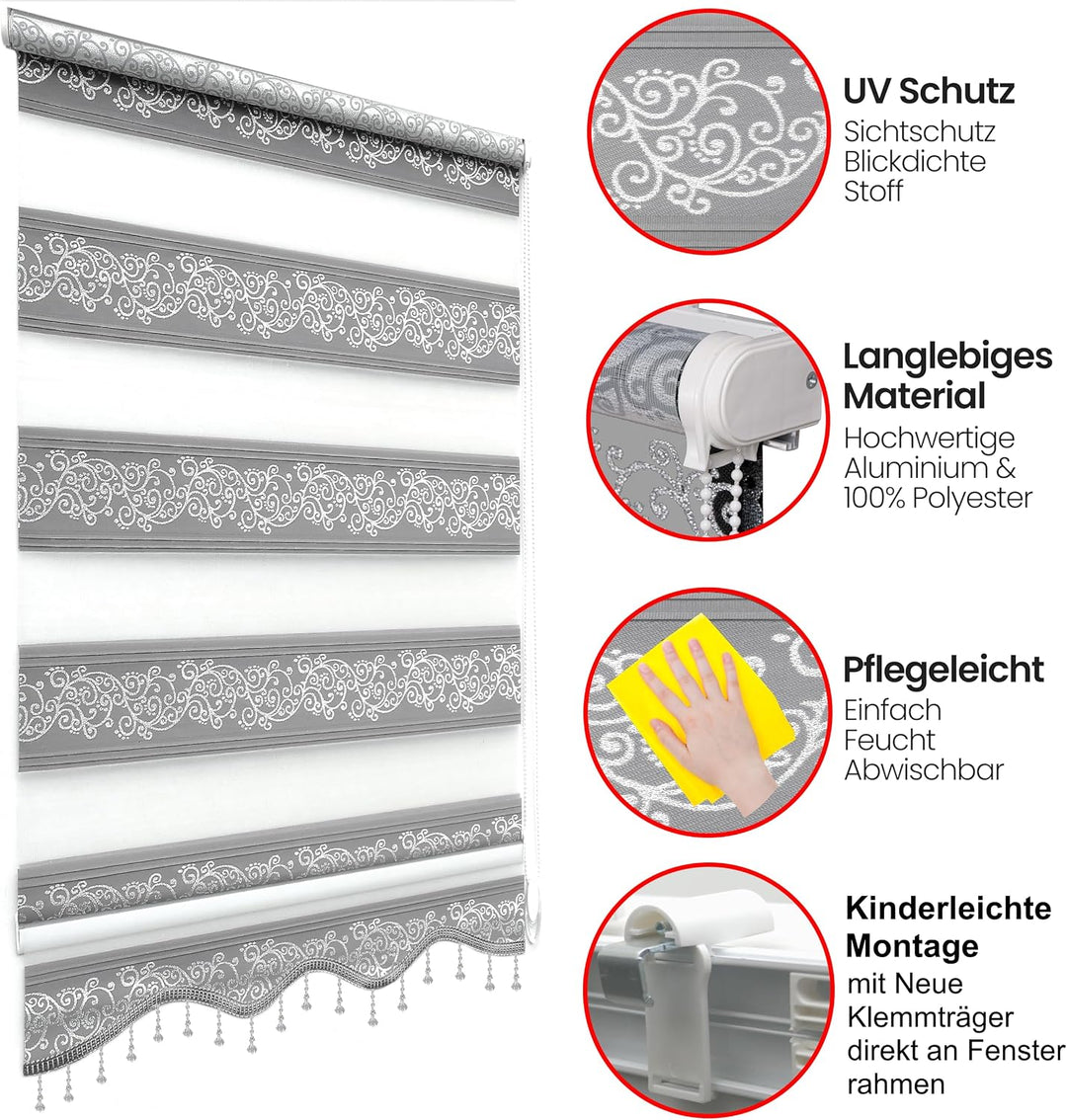 Brillant Doppelrollo Klemmfix ohne Bohren Grau Silber 200 x 110 cm (Länge x Breite) Duorollo Blickdi