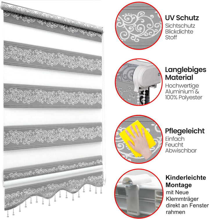Brillant Doppelrollo Klemmfix ohne Bohren Grau Silber 200 x 110 cm (Länge x Breite) Duorollo Blickdi