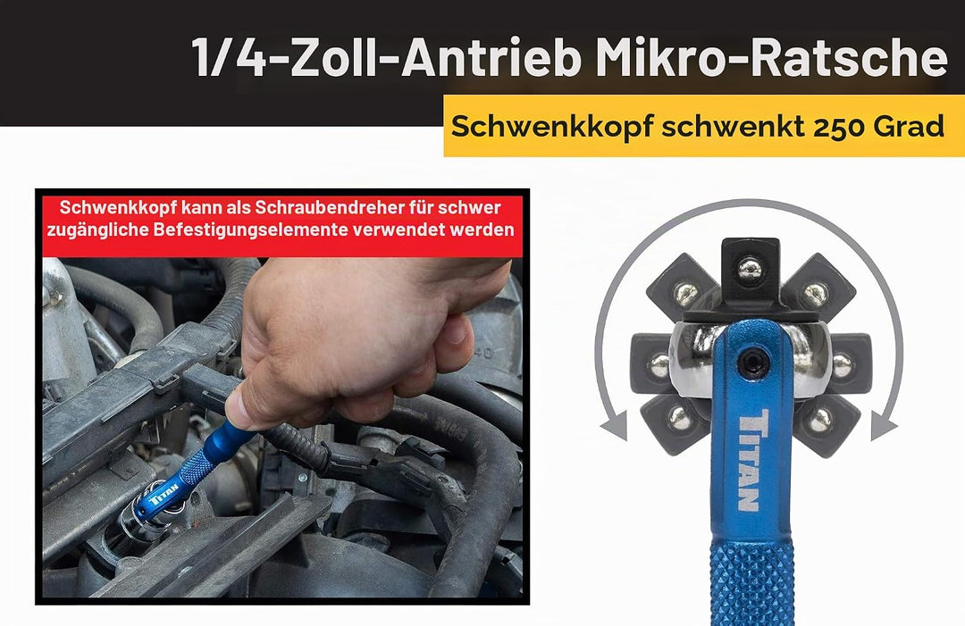 Titan 11316 1/4-Zoll-Antrieb x 10,2 cm (4 Zoll), 90 Zähne, Schwenkkopf, Mikro-Ratsche, Blau Schwenkk