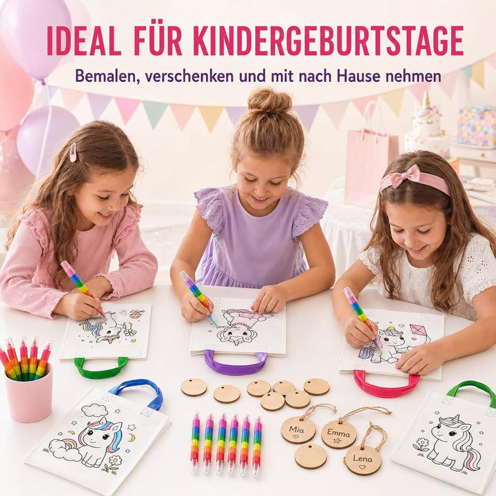 Einhorn Taschen zum Bemalen 34-tlg. Set – 14 Stoffbeutel zum Bemalen für Kinder mit 14 Holzanhängern
