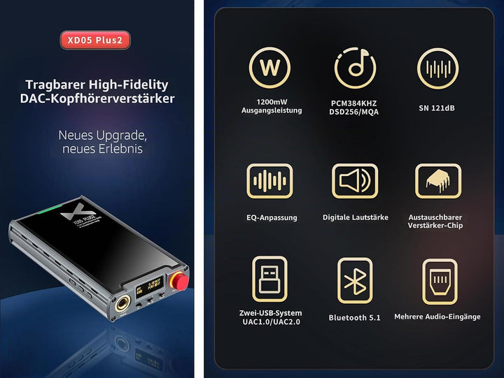 xDuoo XD05 PLUS2 Tragbarer DAC Kopfhörerverstärker - 1200mw Ausgangsleistung Bluetooth 5.1 USB-Unter
