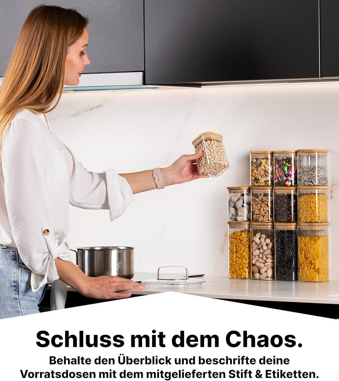 Deco haus® Vorratsgläser mit Deckel eckig 12er Set [+ETIKETTEN] - Vorratsdosen Glas mit Deckel luftd