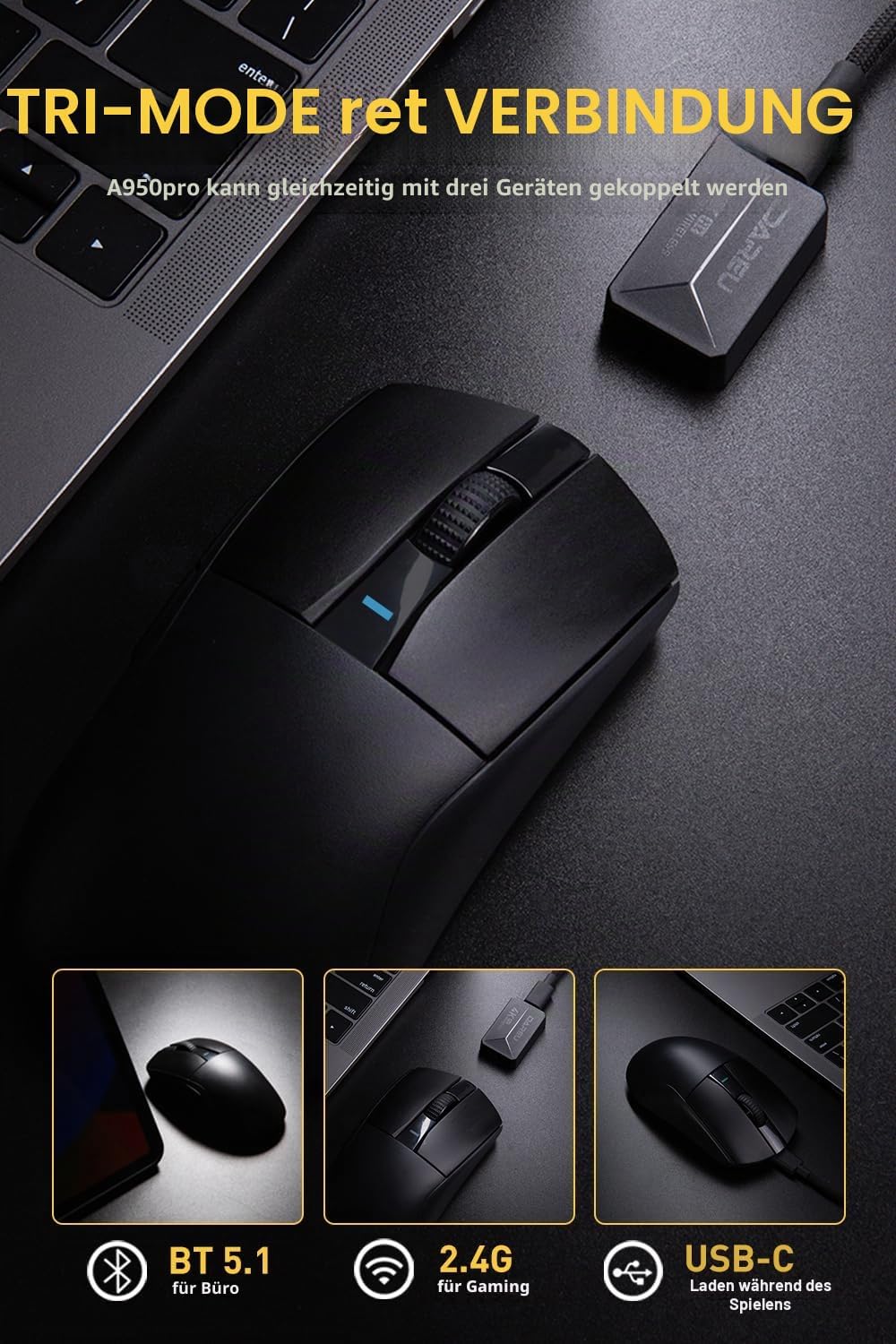 DAREU A950pro 4K Wireless Gaming Mouse: 55 g Ultraleicht, 4 kHz Abtastrate, Optischer Sensor PAW3395