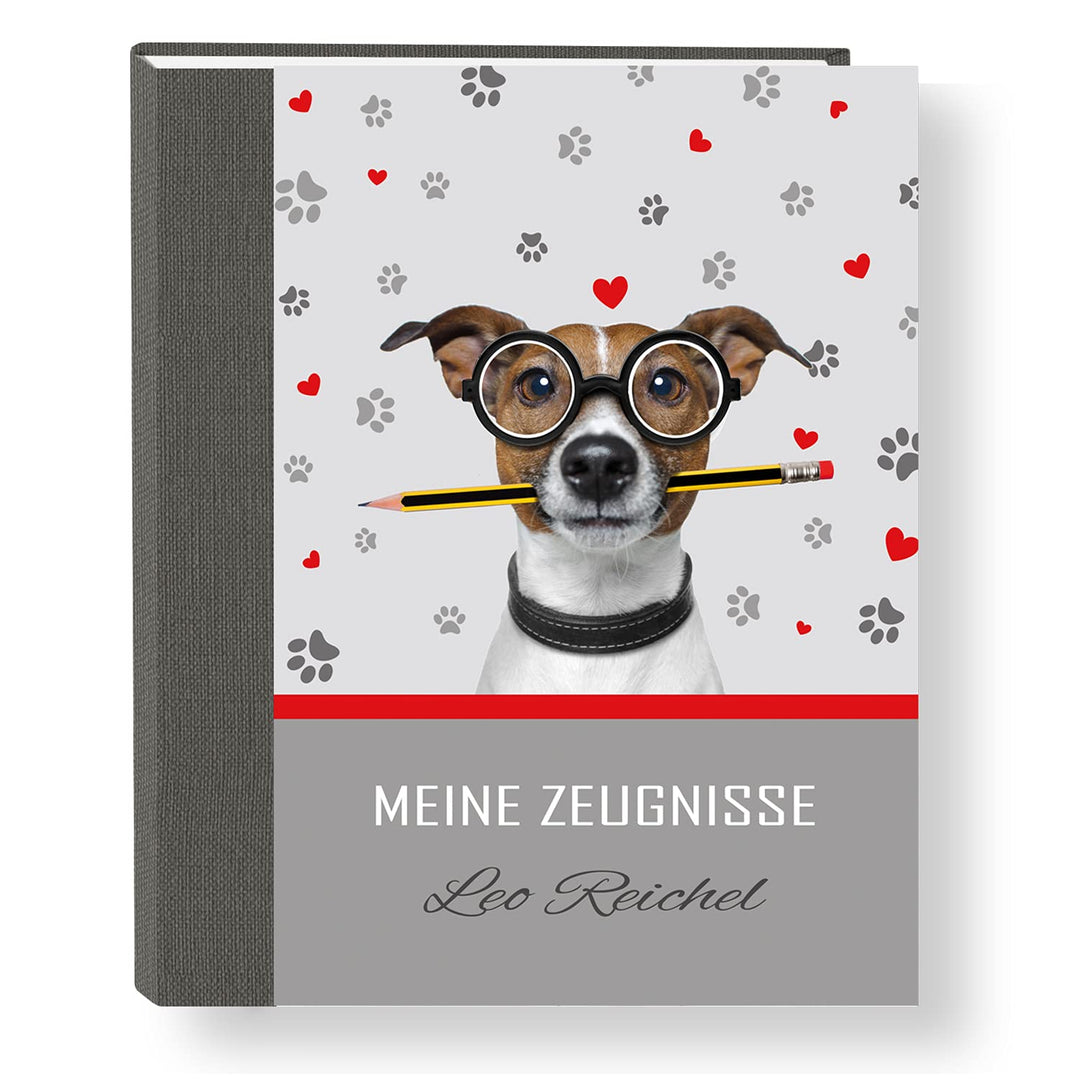 Zeugnismappe personalisiert Smart Dog A4 ca. 31x24 cm, grau rot, Zeugnisbuch Hund, Urkundenmappe Ein