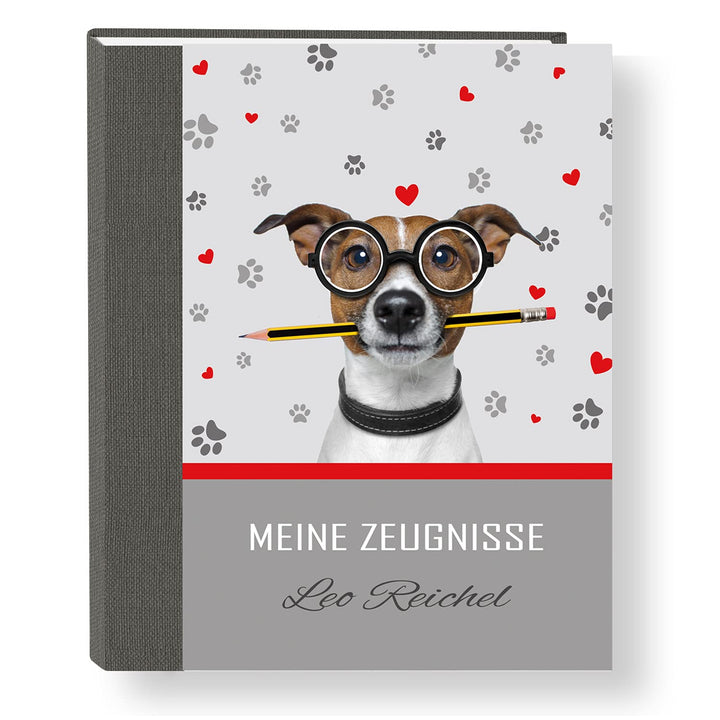 Zeugnismappe personalisiert Smart Dog A4 ca. 31x24 cm, grau rot, Zeugnisbuch Hund, Urkundenmappe Ein