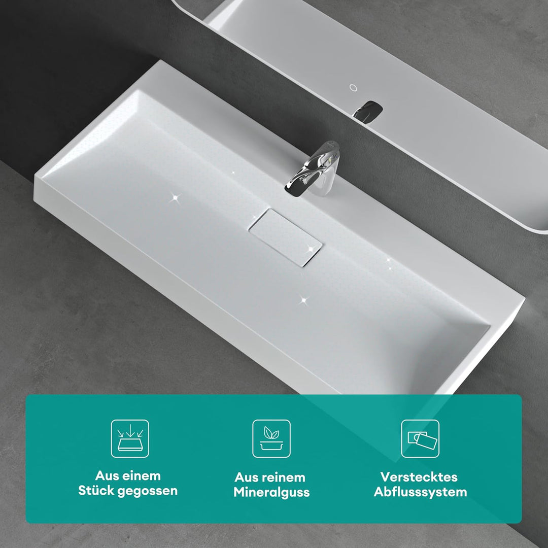 Mai &amp; Mai Aufsatz-Waschbecken Mineralguss Hänge-Waschtisch 100x46x11cm Col19 in Weiss matt mit Armat