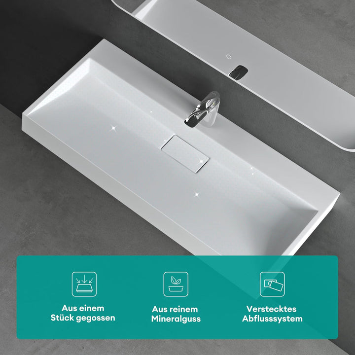 Mai &amp; Mai Aufsatz-Waschbecken Mineralguss Hänge-Waschtisch 100x46x11cm Col19 in Weiss matt mit Armat