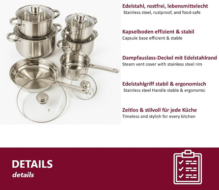Edelstahl Topfset 12-teilig mit Glasdeckeln, induktionsgeeignet – stapelbares Kochtopf-Set mit Kapse
