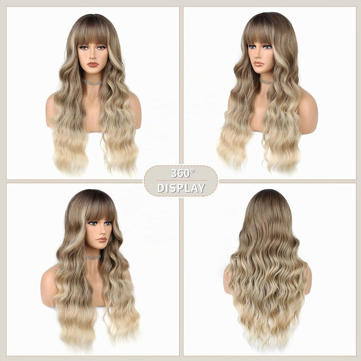 FAELBATY Perücke mit langen Locken blonde Perücke mit Pony Ombre dunkelbraun bis blonde Perücke für