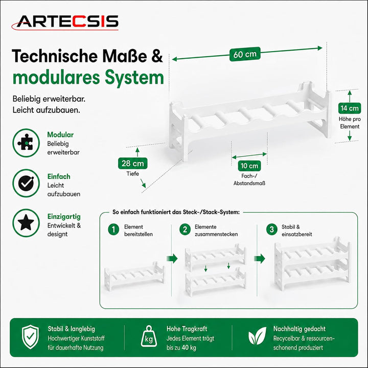 ARTECSIS® Weinregal stapelbar &amp; modular erweiterbar Kunststoff für 36 Weinflaschen (weiss) - Stabile