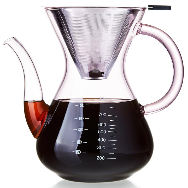 MESNEY Handfilter Kaffeekanne 800ml – Glas Kaffeebereiter mit Edelstahlfilter, Wiederverwendbarer Pe