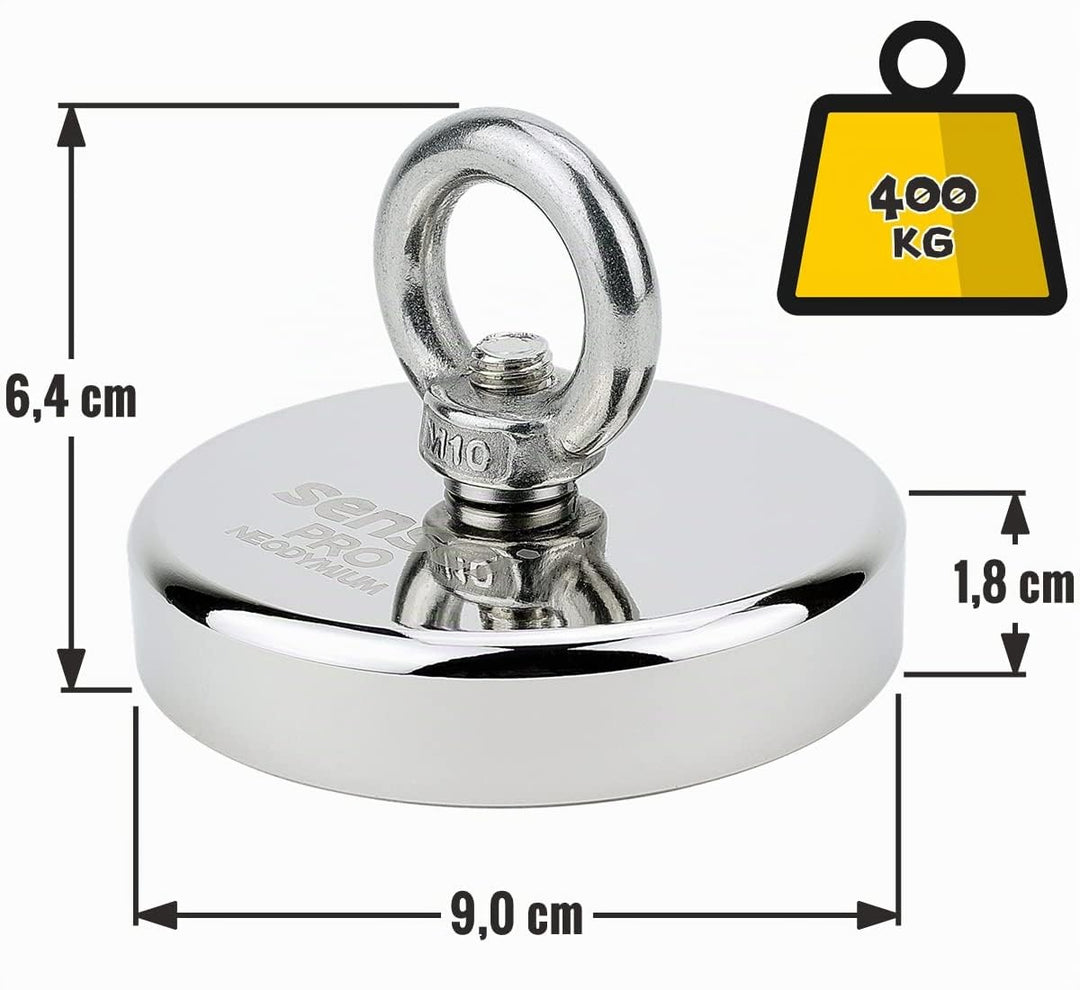SENSEI Magnet 400 kg, Neodym-Magnet N52 mit Öse oben, Ø9 x H1,8 cm, sehr starker Neodym-Ösenmagnet f