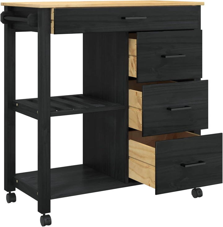 vidaXL Küchentrolley Monza Schwarz 84 x 40 x 88,5 cm Massivholz Kiefer, Schwarz
