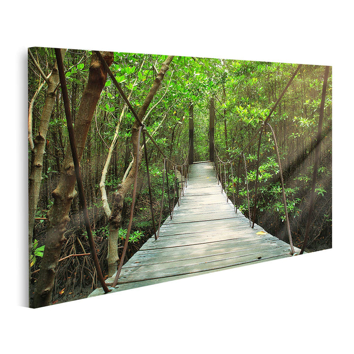 islandburner Bild auf Leinwand Hängebrücke Im Wald Bilder Wandbilder Poster Leinwand 100x57cm, Leinw