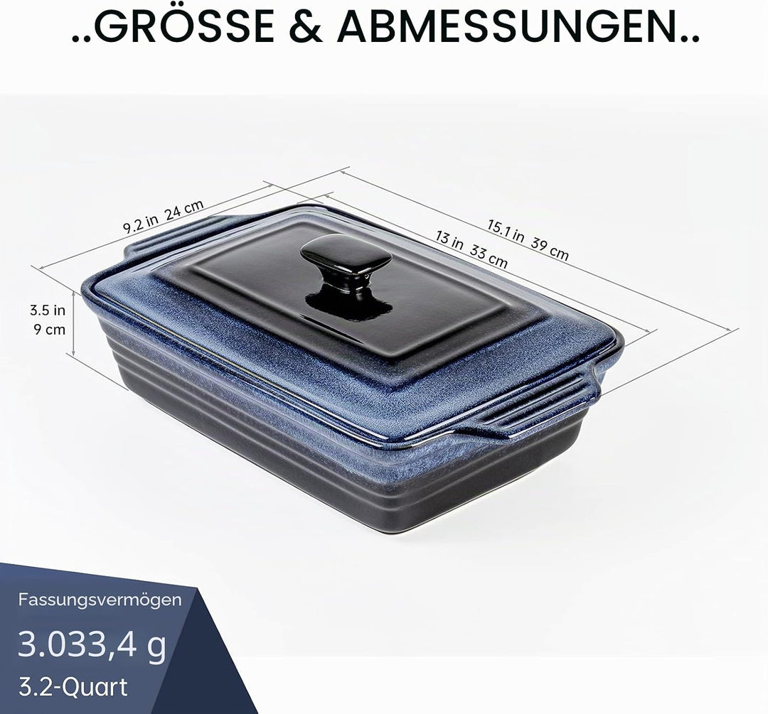 UNICASA Keramik Auflaufform Mit Deckle, Backformen Rechteckig 39 x 24 x 9 cm, Pastetenform Steinzeug