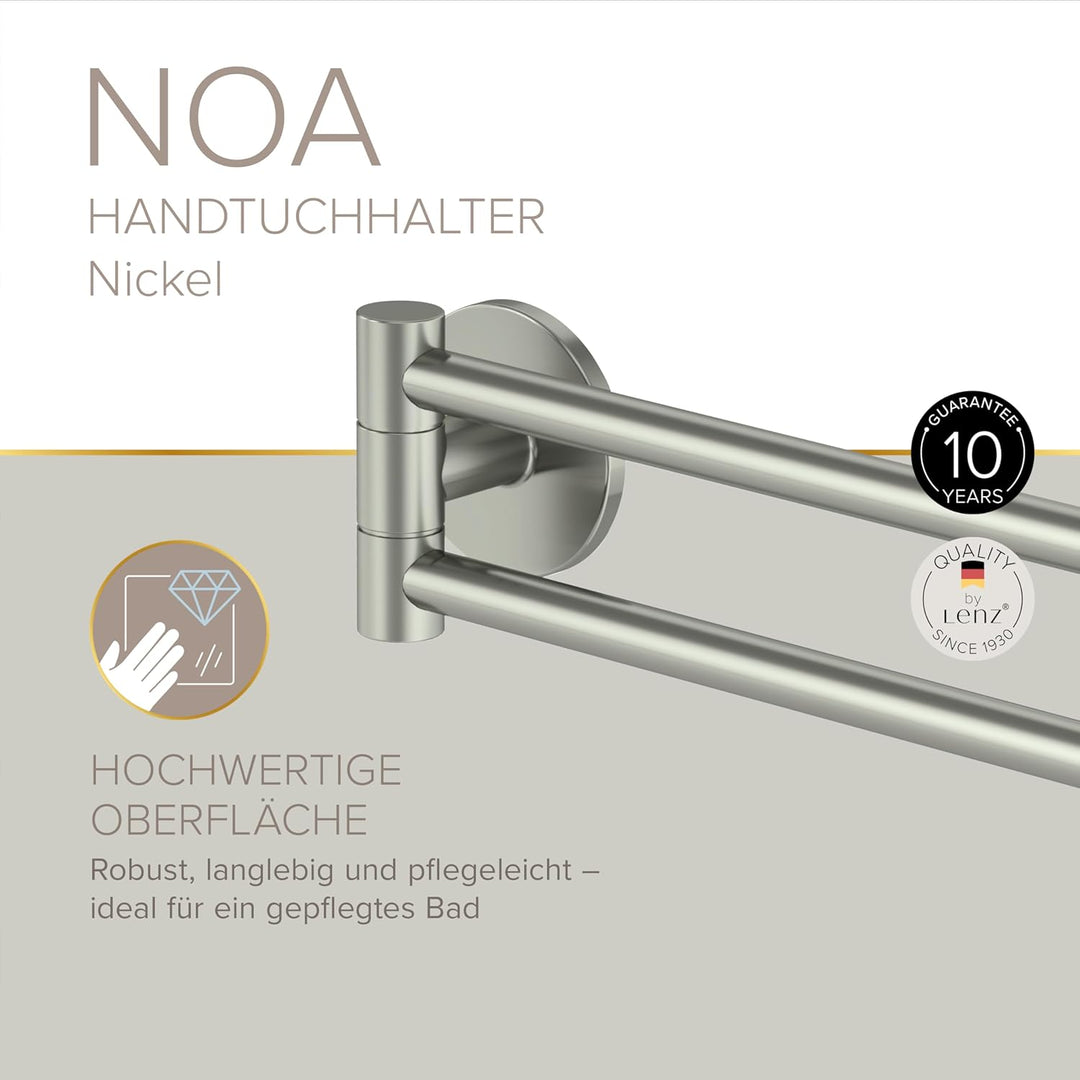 Lenz Handtuchhalter NOA in Nickel – 2 schwenkbare Arme, 40 cm – Mit Anti-Fingerabdruck Oberfläche –