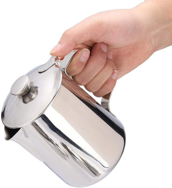Edelstahlkanne Kaffeetasse Milchbecher mit Deckel für Latte Coffee Art für Büro Küche (Silber4) Silb