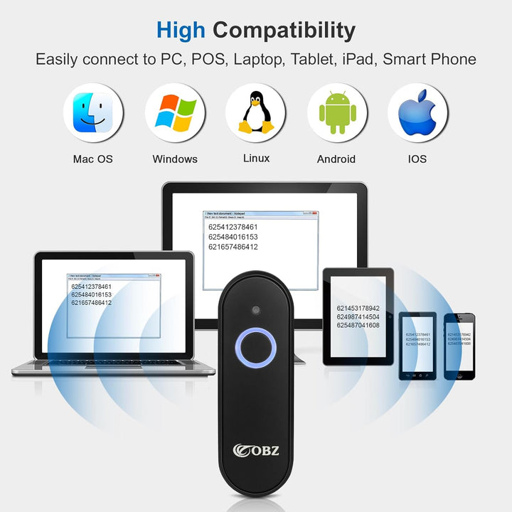 OBZ Mini Bluetooth Barcode Scanner Kabellos, 1D 2D Wireless QR Code Scanner 3-in-1 (USB/Bluetooth/2.