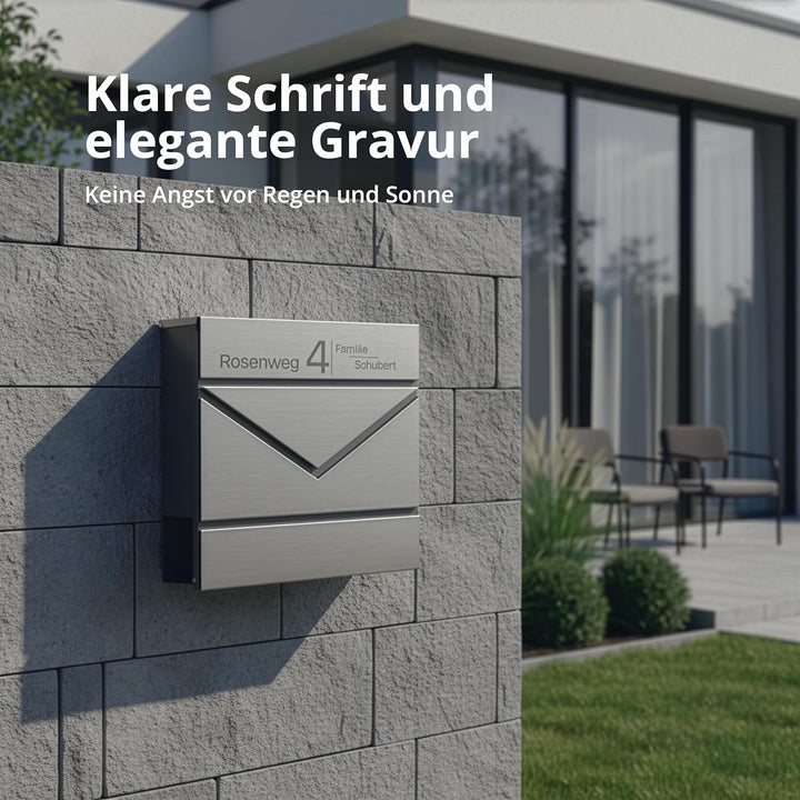 Grafner Premium Briefkasten personalisiert, Edelstahl mit Zeitungsfach und 2 Schlüssel, moderner Pos