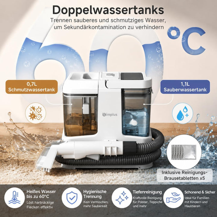 SIMPLUS Waschsauger Polsterreiniger Gerät, 12000Pa Teppichreiniger mit 2-Tank System, Kompakter Nass