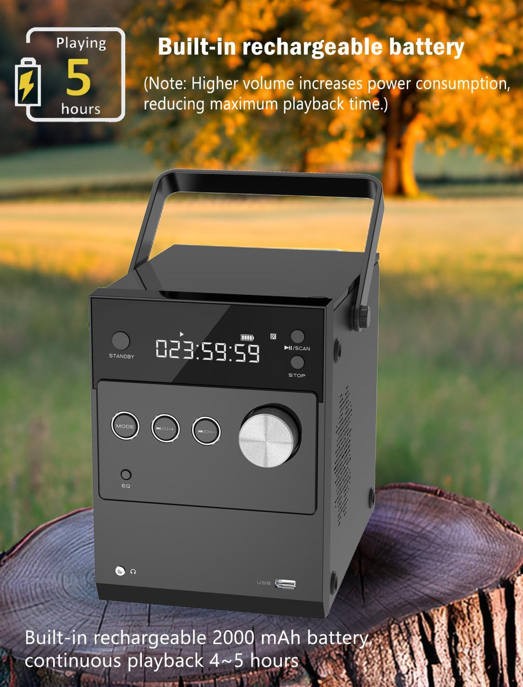 Tragbarer CD-Player Boombox 20W für Draussen, Eingebaute wiederaufladbare Batterie, FM Radio/Bluetoo