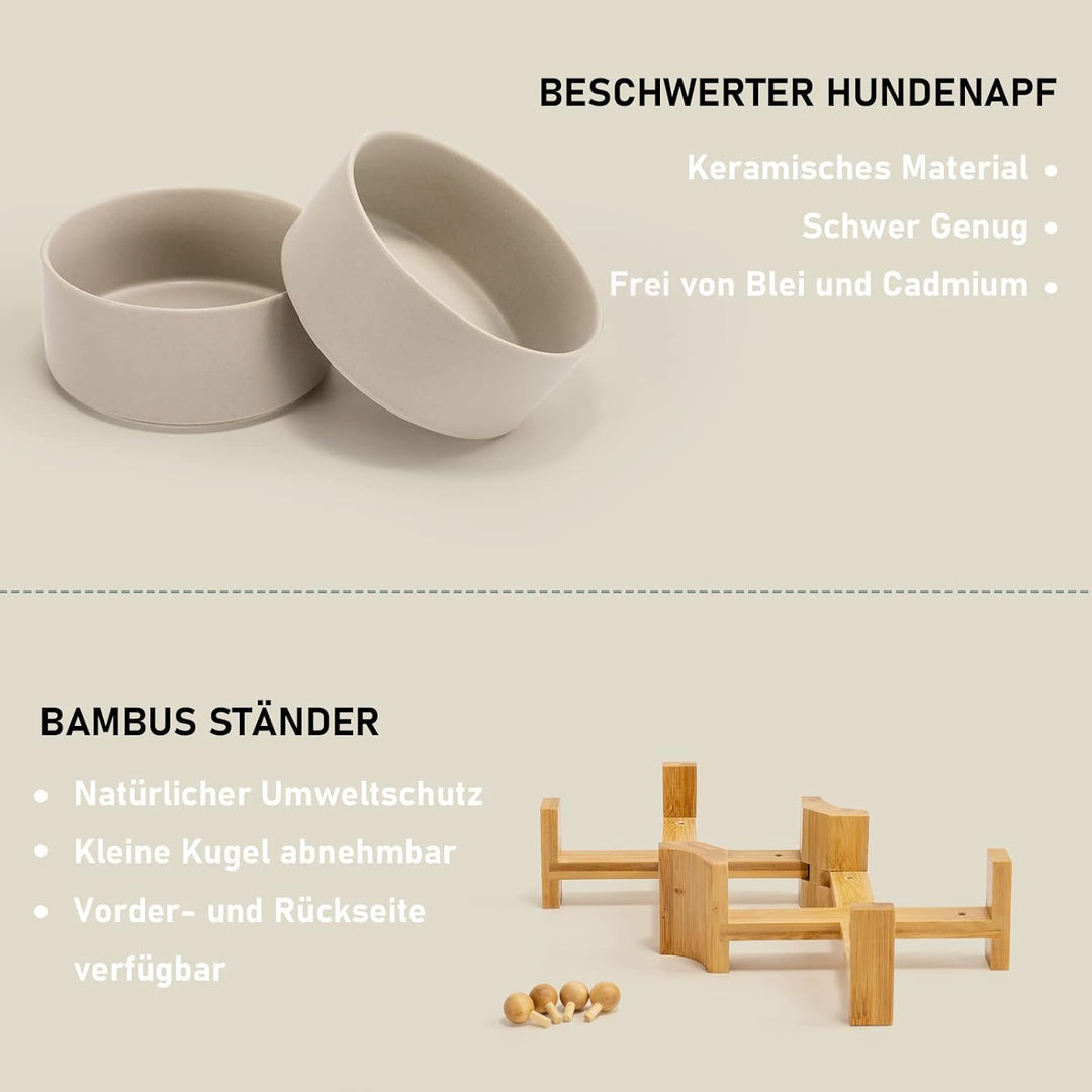 SPUNKYJUNKY Kippbarer Hundenapf Keramik Doppel Hund Futternapf mit Bambus Ständer 0° und 15° Neigung