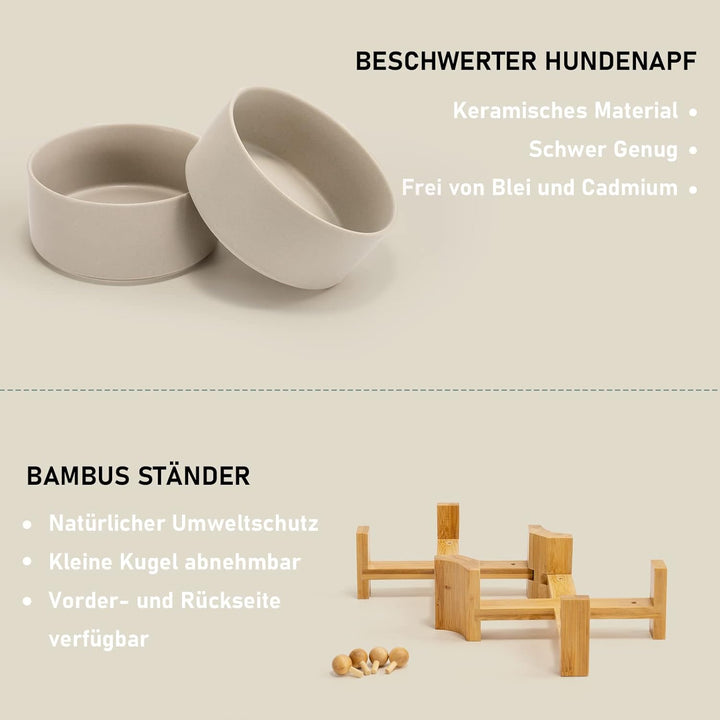 SPUNKYJUNKY Kippbarer Hundenapf Keramik Doppel Hund Futternapf mit Bambus Ständer 0° und 15° Neigung