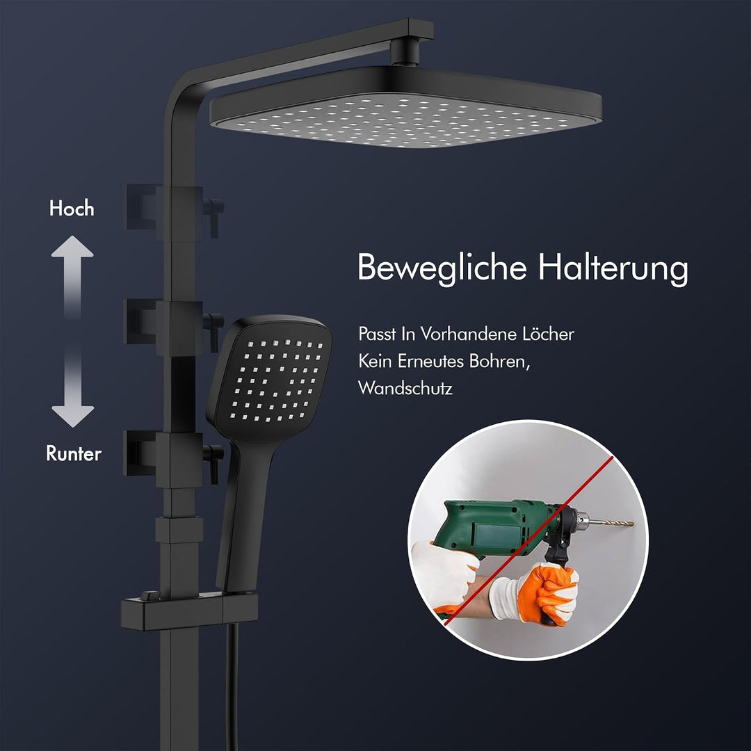 HOMELODY Duschsystem mit Thermostat & Duschablage Schwarz - Duscharmatur Komplettset mit Handbrause